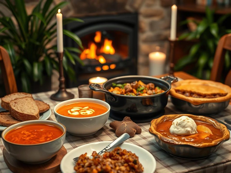 A dinner table set with bowls of soup, bread and a pot pie in front of a lit fireplace